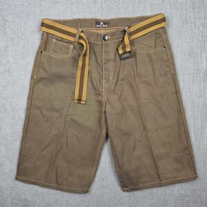 Red Ape mens 40 Brown Denim Jean Shorts Belted Y2K Streetwear Baggy Raw Denim